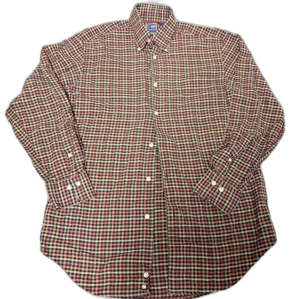 T Harris London Men's Medium Earth Tone Plaid Button Down Long Sleeve Shirt